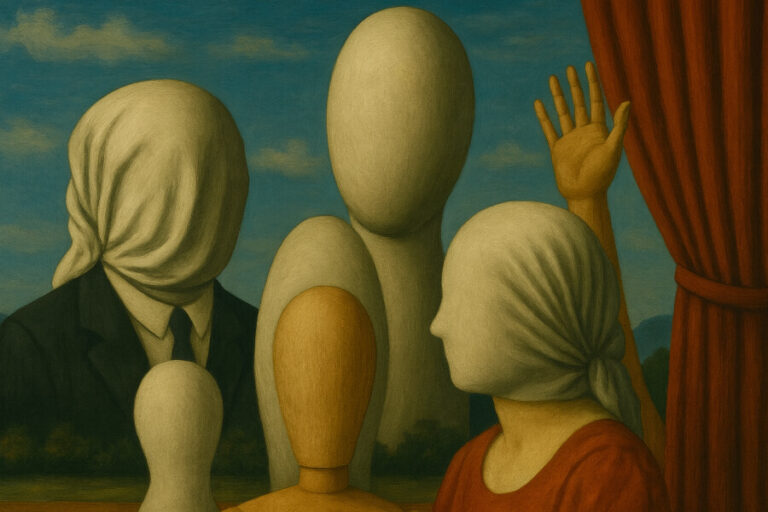 Maniquíes y figuras sin rostro en una escena surreal con cortina roja.