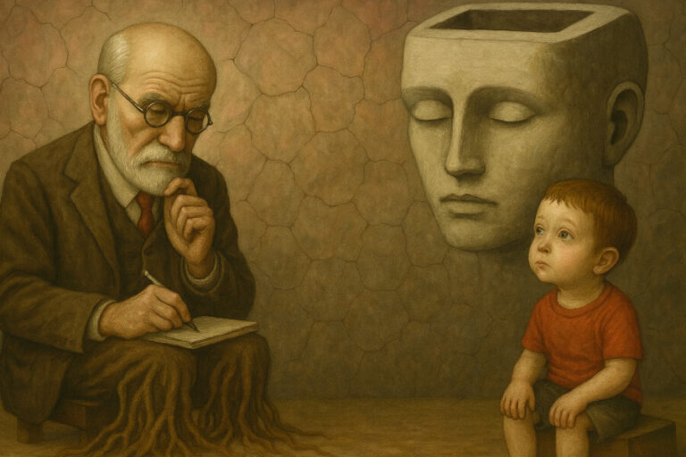 Psicoanalista observando a un niño junto a una cabeza hueca gigante en un entorno surreal.