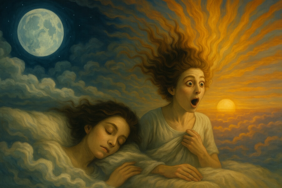 Dos figuras femeninas entre nubes, una dormida bajo la luna y otra sorprendida al amanecer.